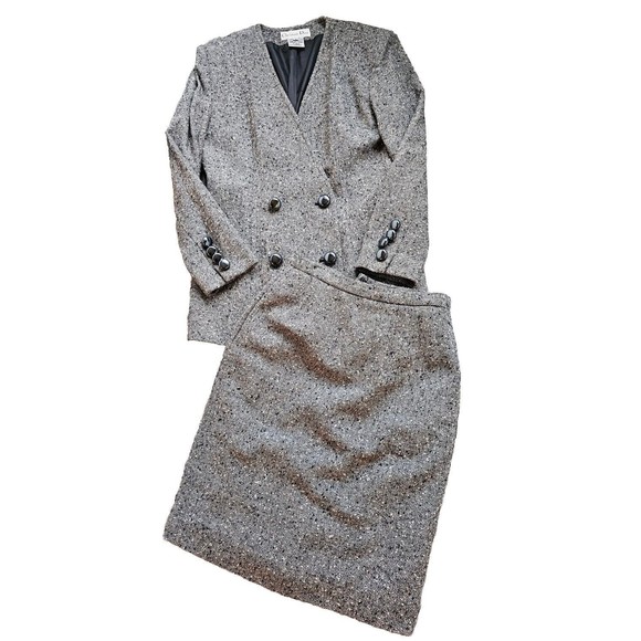 Vintage Christian DIOR Skirt Blazer Suit Set Size 8 Speckled Tweed Wool Blend
